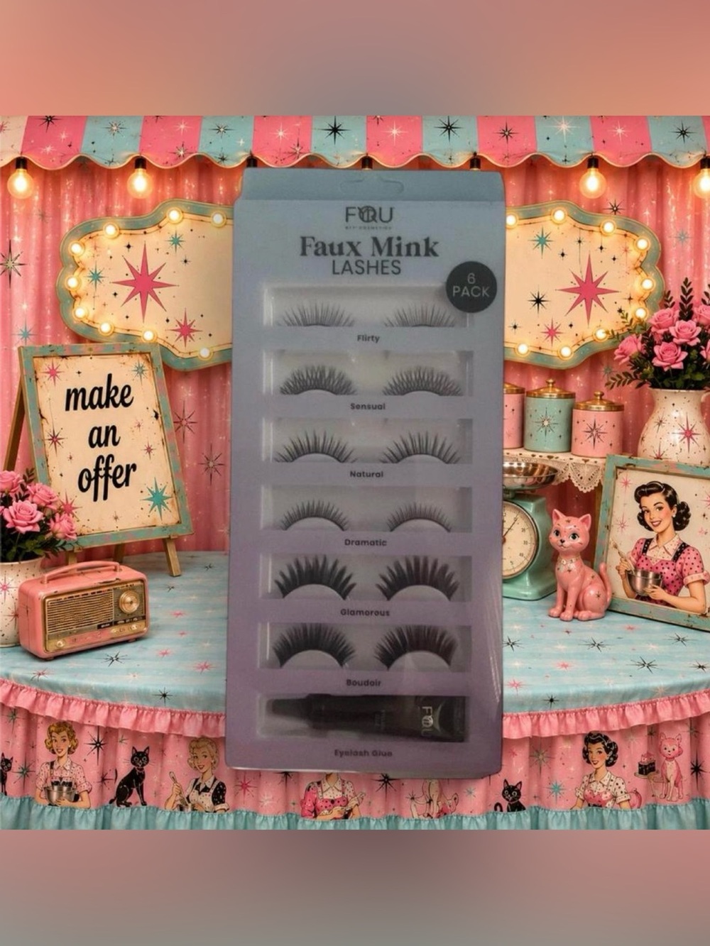 BFY Cosmetics Faux Mink Lashes Black 6 Pair with Lash Glue NEW NIB SEALED